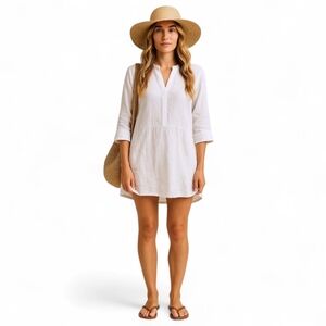 Peck & Peck White Linen Tunic Top Lagenlook‎ Minimalist Beachy Roll Tab Sz L